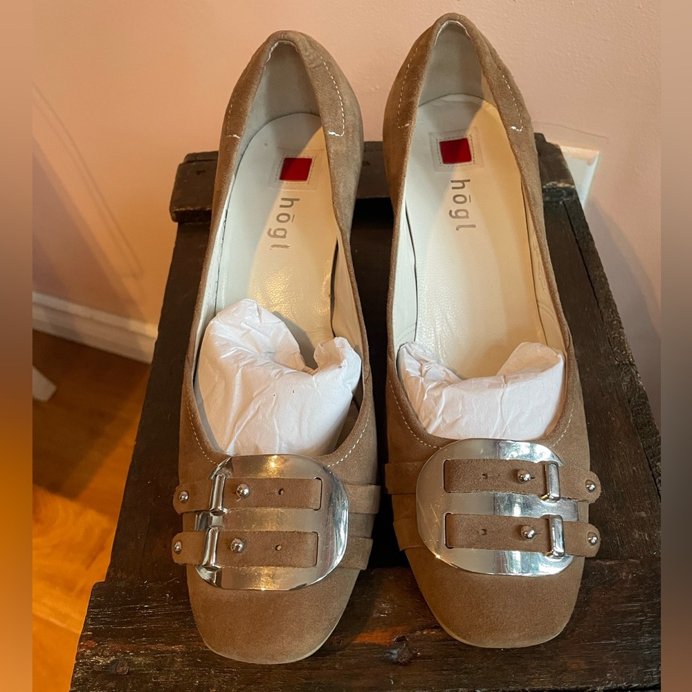 Vintage Light Brown Suede 'Hogl' Wood Stacked Heel Pumps